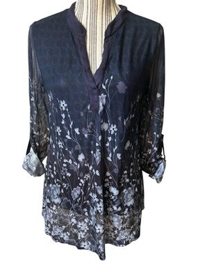 SeSe Code Tunic Top Medium Navy Blue Grey Floral Roll-up Sleeves lined
Stretch